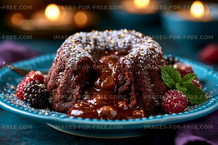 Chocolate lava cake served on a blue plate with berries