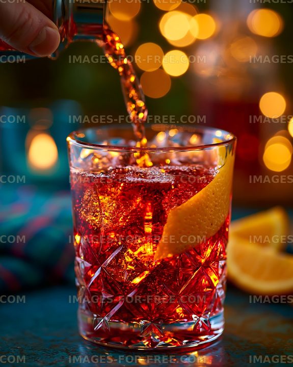 Pouring a drink into a glass with ice and a garnish