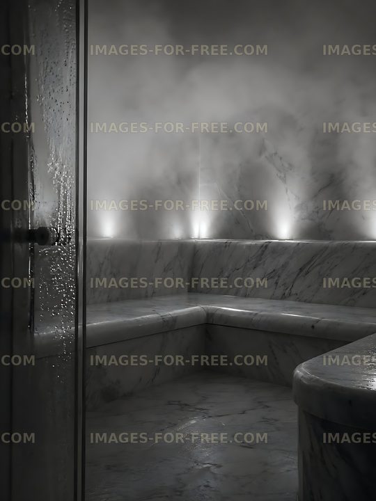 Steam fills a marble steam room with soft lighting