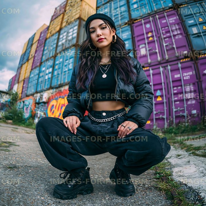 Young woman squatting by colorful shipping containers