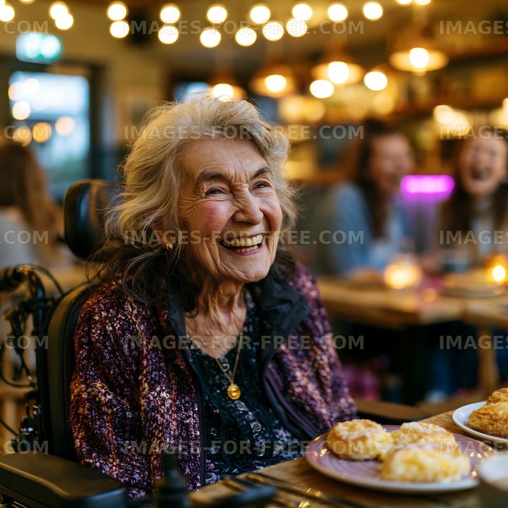 Elderly woman smiling in cafe with friends and snacks on table