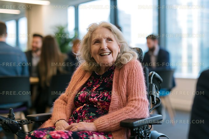 Smiling woman in wheelchair during group meeting in bright office