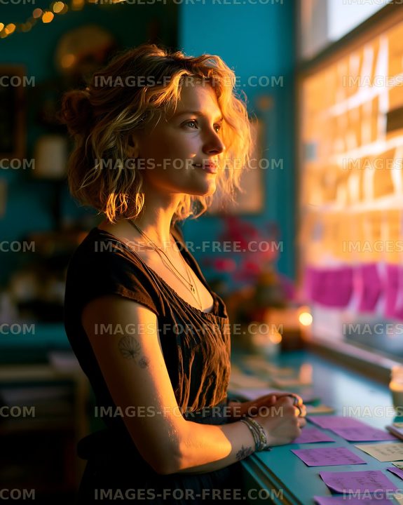 Woman standing by window in a bright room during sunset hour