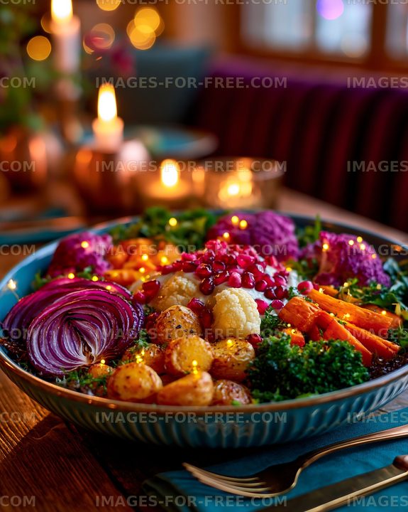 Colorful vegetable platter with garnishes on a wooden table
