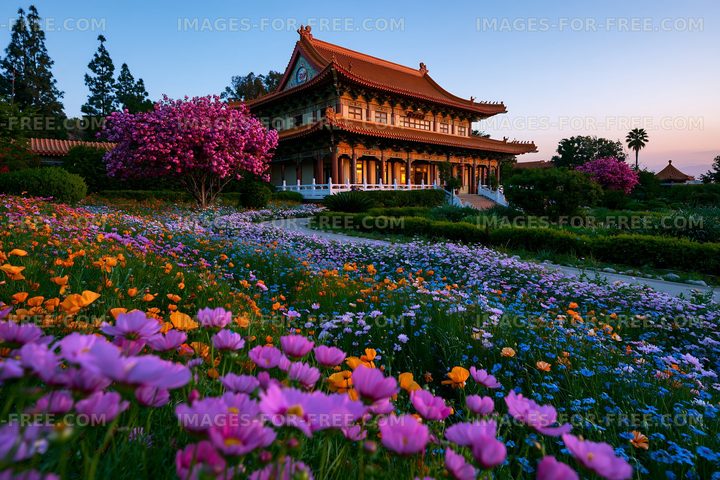 Colorful flowers surround a traditional building at sunset