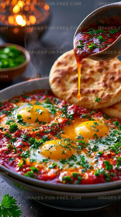 Delicious eggs cooked in spicy sauce with bread and herbs