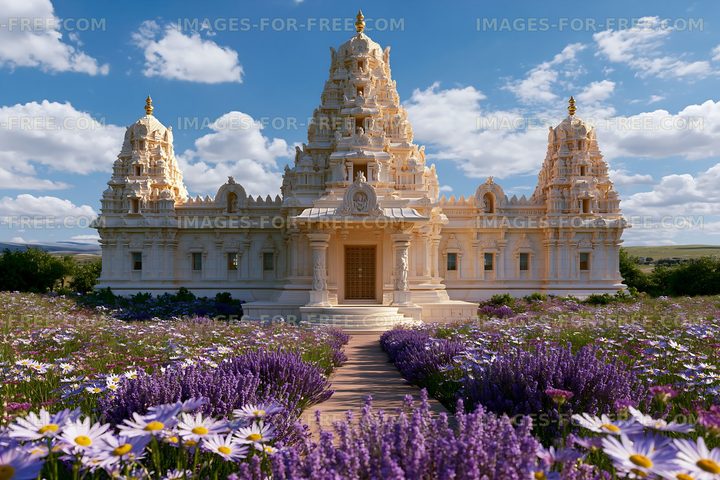 Temple surrounded by flowers on a sunny day