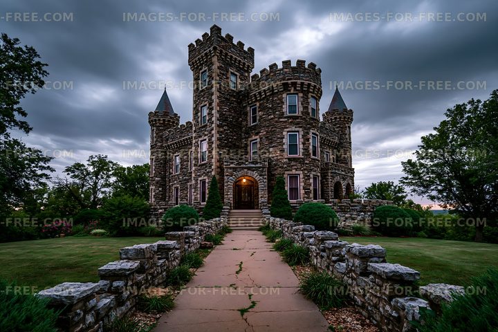 Historic stone castle under cloudy sky in a green landscape