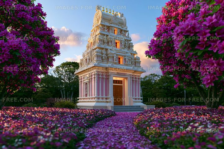 Colorful temple surrounded by flowers in a garden