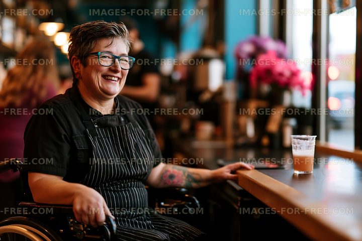 Woman in wheelchair smiling at coffee shop counter