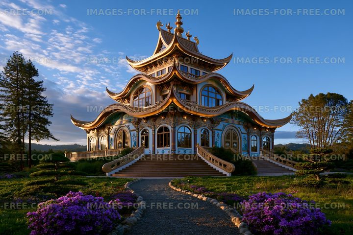 Beautiful building surrounded by trees and flowers at sunset