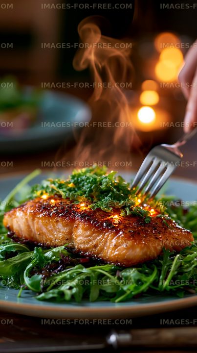 Steam rises from grilled salmon served on a bed of greens