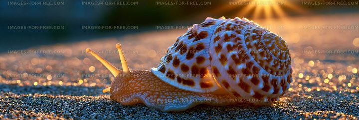 Snail crawling on sandy ground during sunset