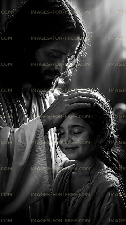 Man blessing young girl in religious setting
