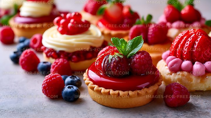 Fresh fruit tarts arranged on a gray surface for dessert display