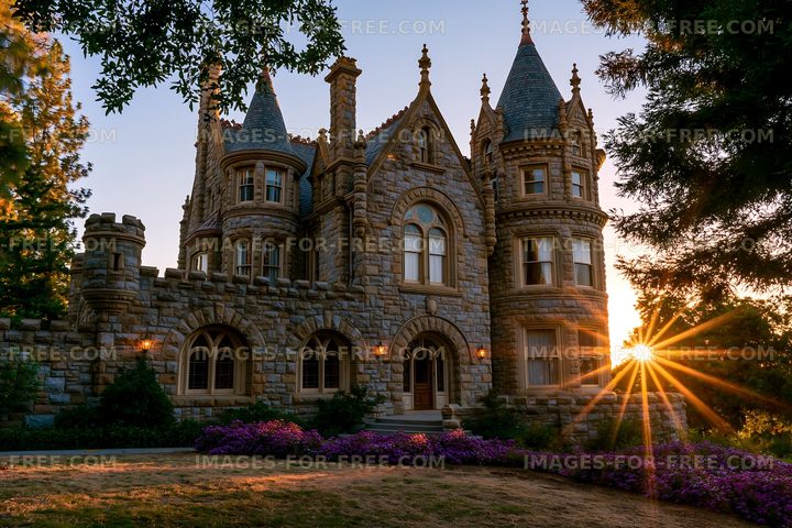 Sunset view of a historic stone mansion with towers and gardens