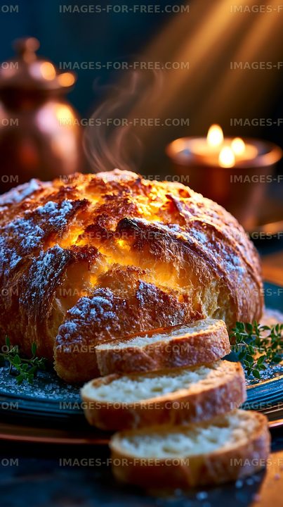 Freshly baked bread with steam rising and sliced pieces on a plate