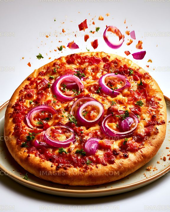 Pizza with red onions and herbs on a plate