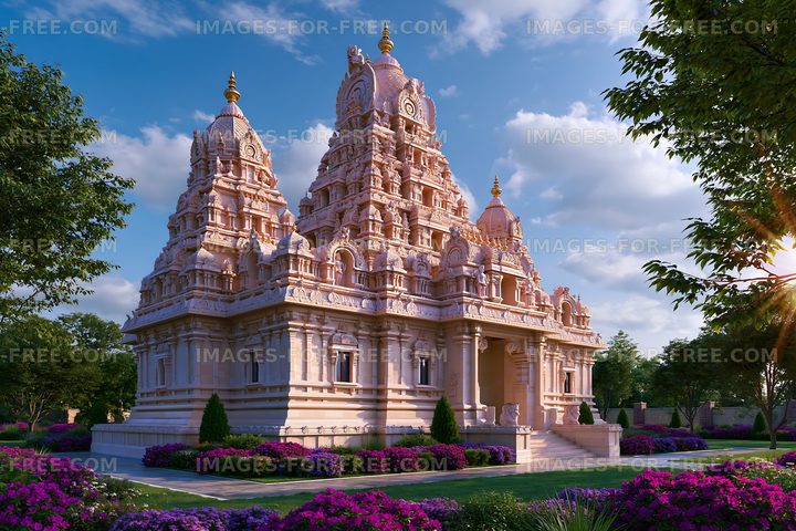 Hindu temple with intricate architecture and colorful flowers