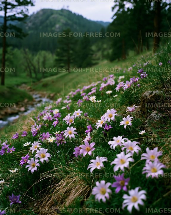 Flowers bloom along a stream in a mountain area during springtime