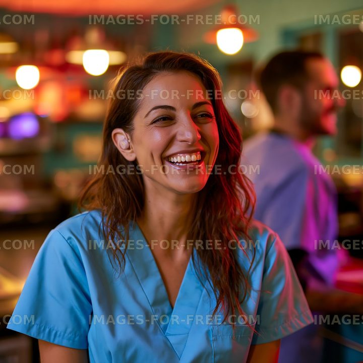 Healthcare worker smiling in a vibrant setting
