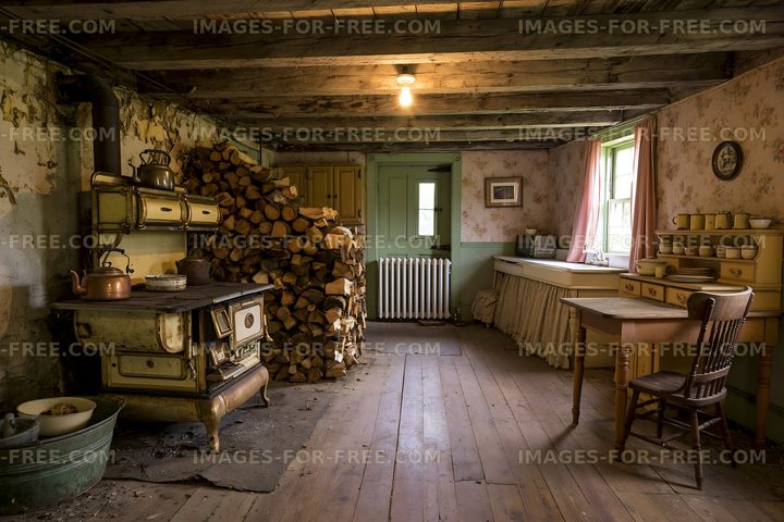 Rustic interior of an old house with stacked firewood and kitchen