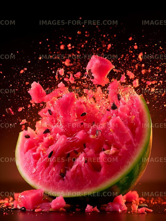 Watermelon piece explodes with red flesh and seeds