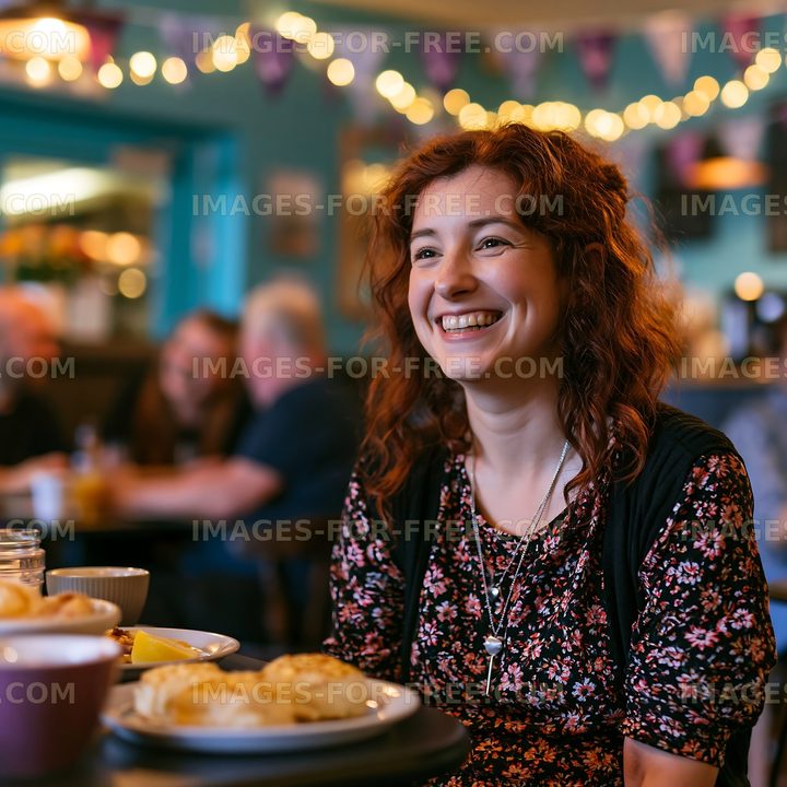 Woman smiling while dining in a busy restaurant during the evening