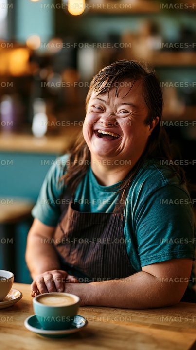 Barista smiling in a coffee shop with drinks on the table