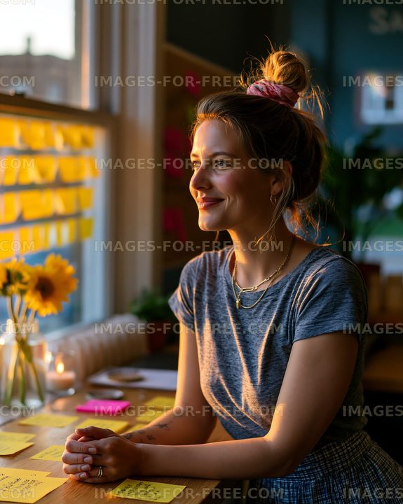 Woman standing by window with sticky notes and sunflowers