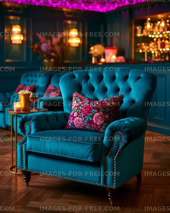 Bright turquoise chair in a bar with decorative lighting