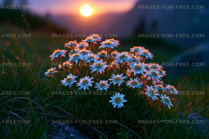Wildflowers bloom at sunset in a mountainous landscape