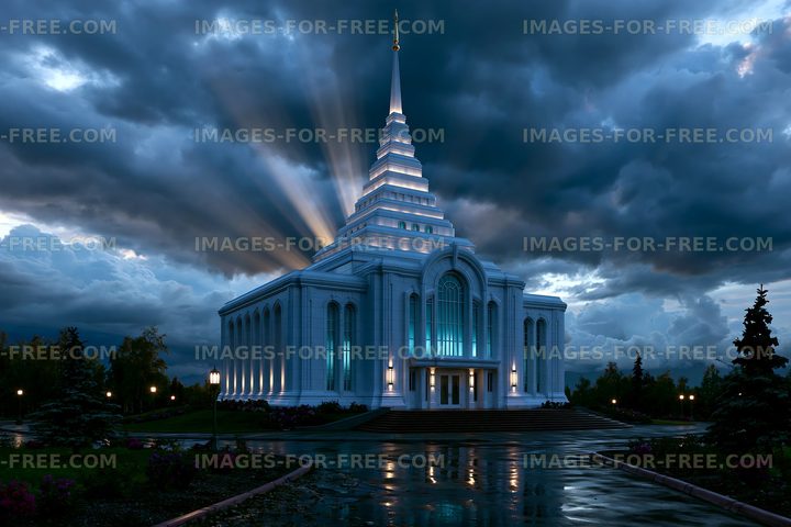 Modern temple structure surrounded by dark stormy clouds