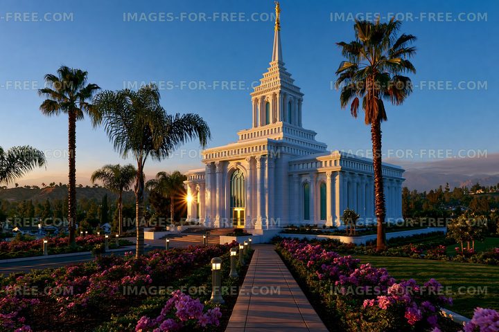 Sunset view of a temple surrounded by palm trees and flowers