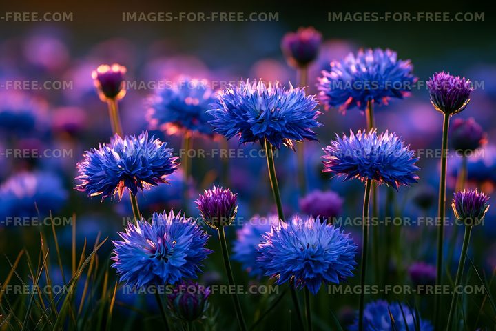 Vibrant blue flowers blooming in a field at sunset