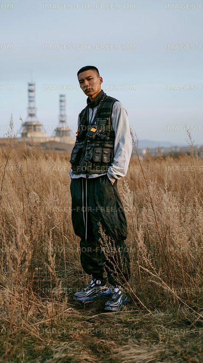 Man standing in field wearing casual clothing near industrial site