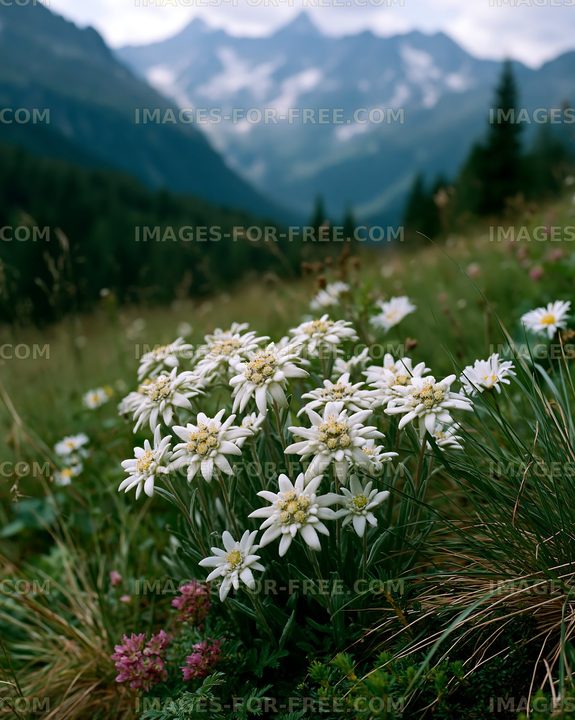Flowers grow in a meadow with mountains in the background