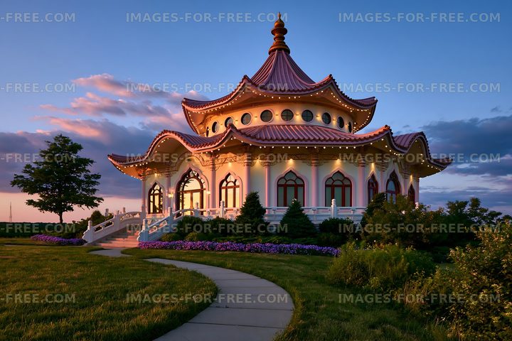 Building with a curved roof and decorative lights at sunset