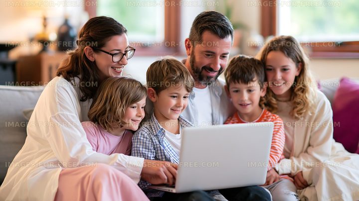 Family enjoying time together with a laptop at home