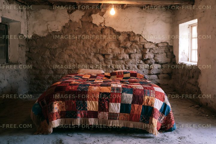 Cozy bedroom with a quilt on a bed in a rustic setting
