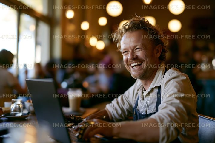 Man smiles while working on laptop in a coffee shop