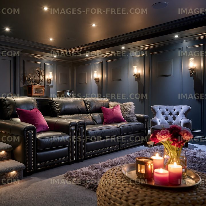 Cozy home theater with comfortable seating and warm lighting