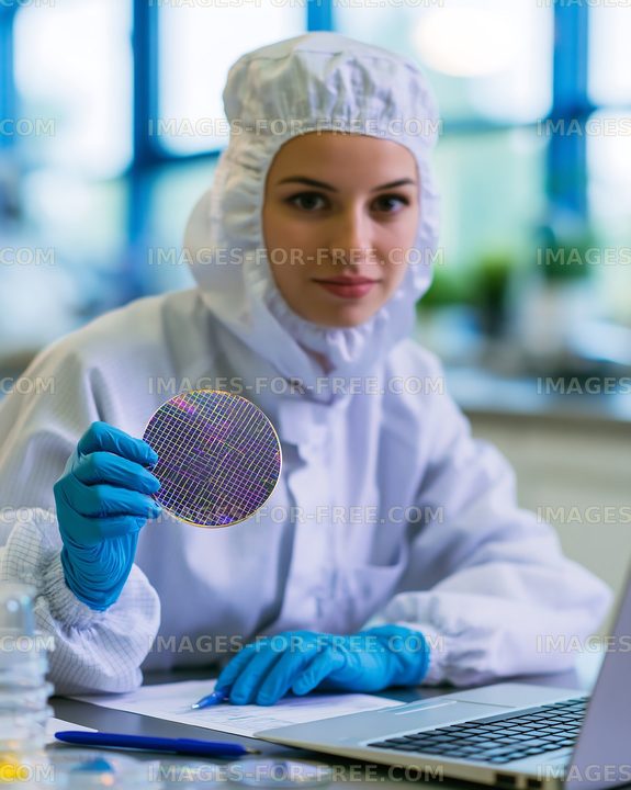 Scientist holds a silicon wafer in a laboratory setting