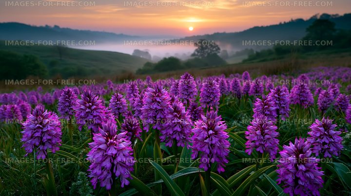 Sunrise over purple flowers in the valley