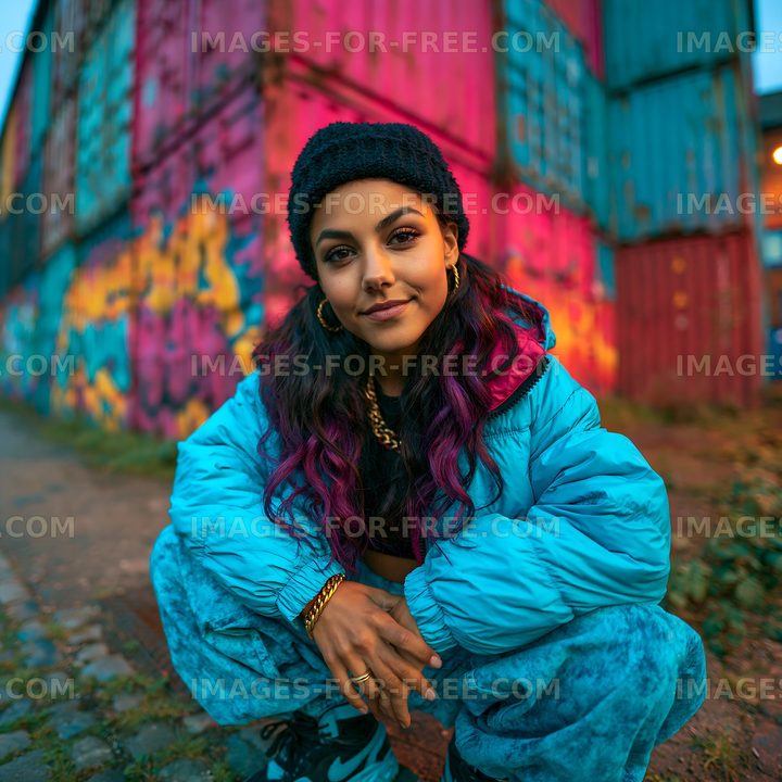 Young woman squatting in colorful urban setting with graffiti walls