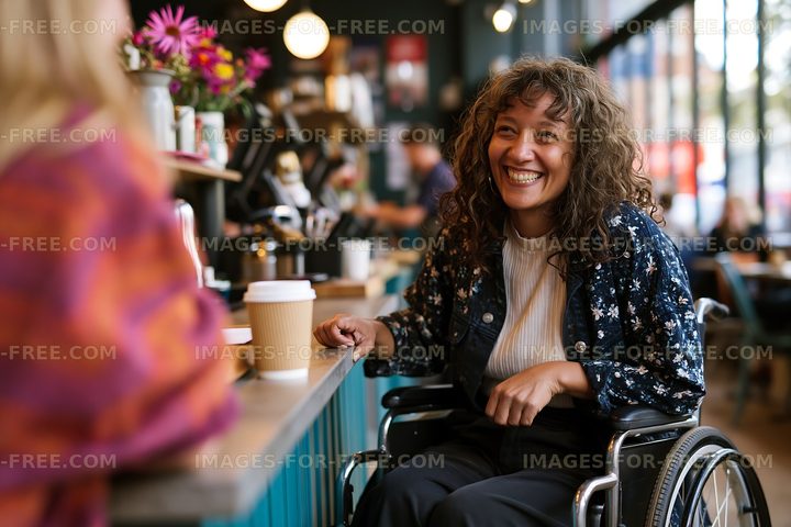Woman in wheelchair smiling at friend in coffee shop