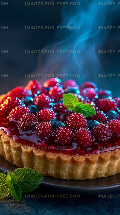 Fresh raspberry tart with steaming glaze on a dark background