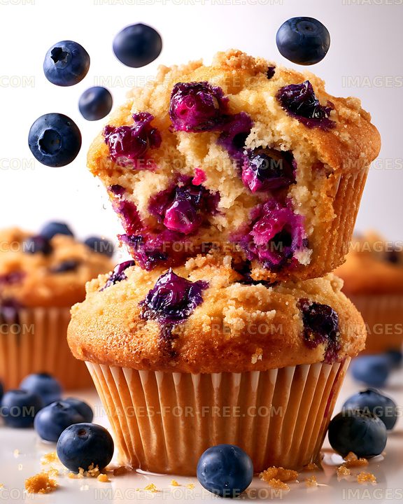 Blueberry muffins on a white background with fresh blueberries