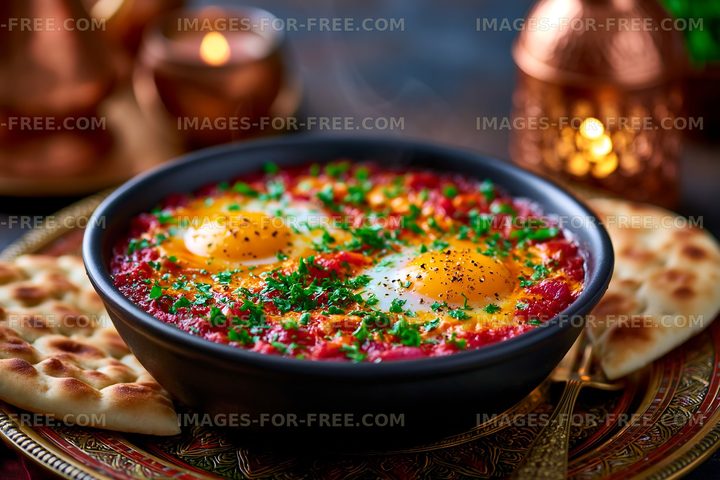 Eggs and bread on a decorated table with warm lighting
