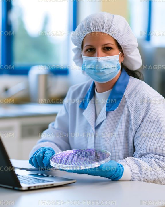 Scientist working in a laboratory with a petri dish and laptop